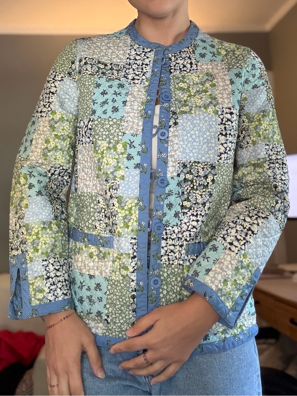 Vintage Quilted Patchwork Jacket in Blue & Green- Reversible